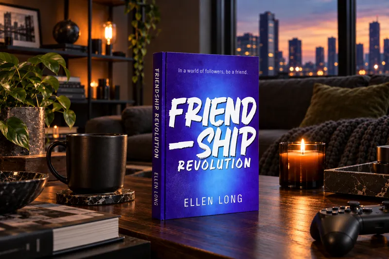 Friendship Revolution, Ellen Long's book, glowing electric blue on a walnut table in a dark apartment at dusk, beside a lit candle and a black mug.